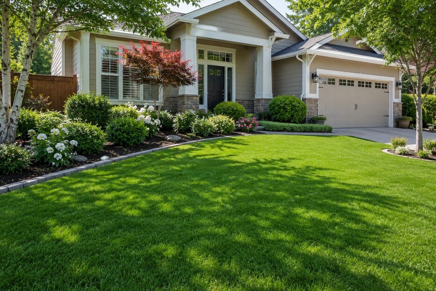 A deep-green, professionally maintained front lawn in the Sacramento foothills